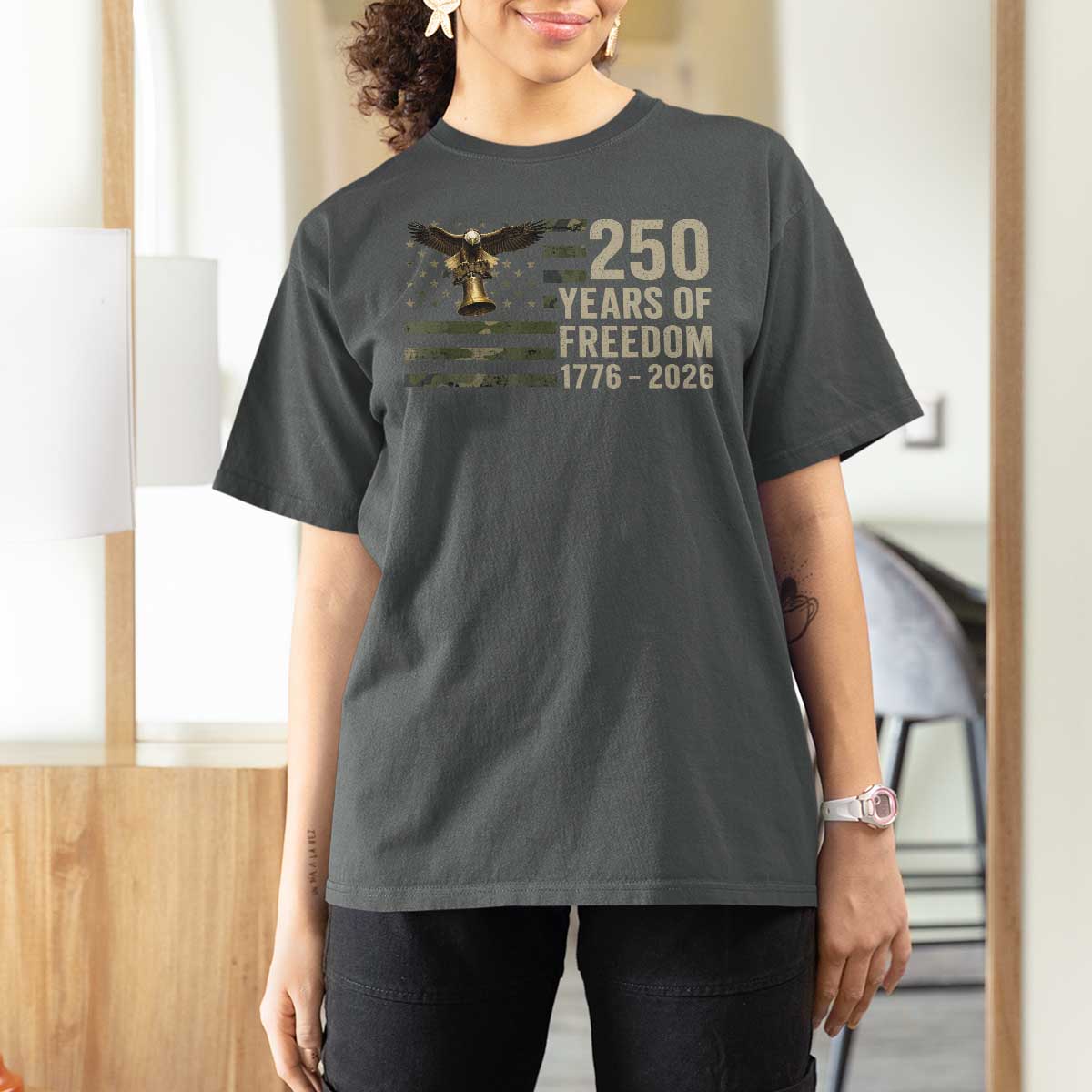 250th Anniversary T Shirt For Women 1776 2026 250 Years Birthday Patriotic Camouflage USA Flag