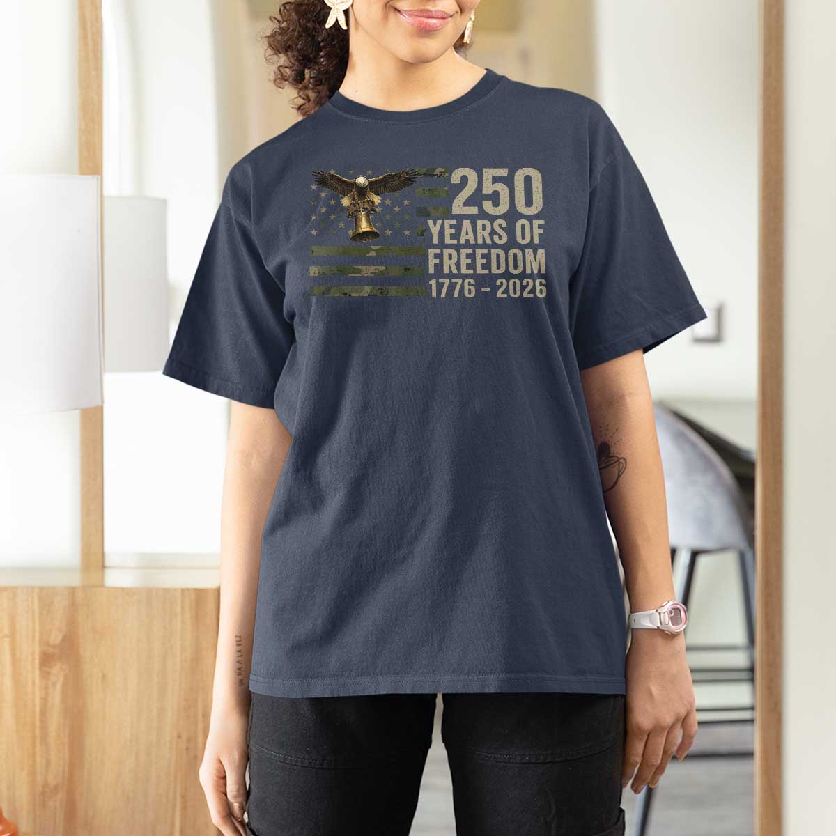 250th Anniversary T Shirt For Women 1776 2026 250 Years Birthday Patriotic Camouflage USA Flag