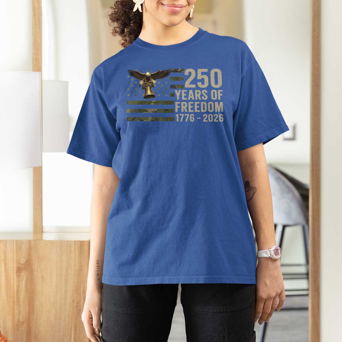 250th Anniversary T Shirt For Women 1776 2026 250 Years Birthday Patriotic Camouflage USA Flag