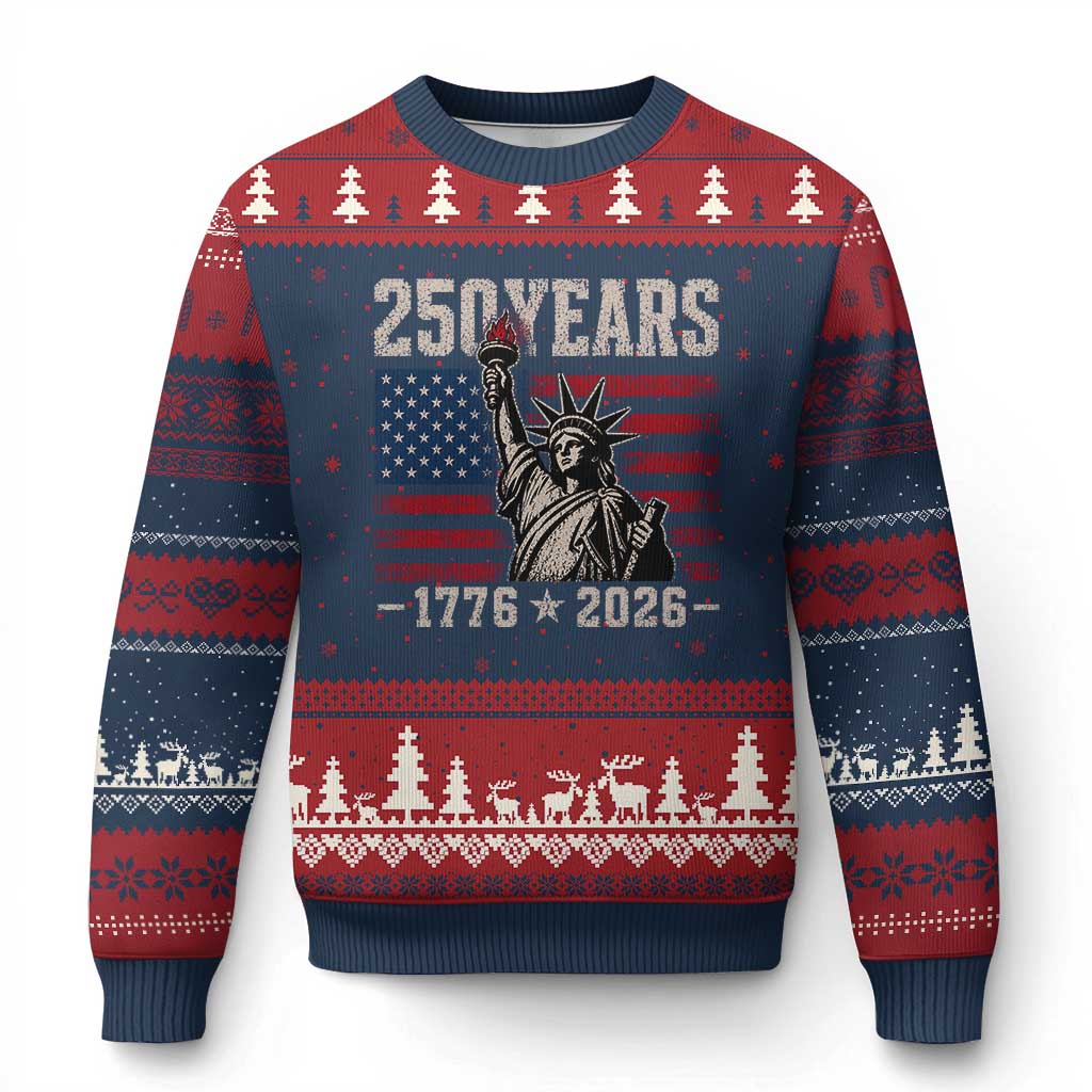 USA Independence 250th Anniversary Ugly Christmas Sweater Patriotic Lady Liberty American Flag 250 Years 1776 2026