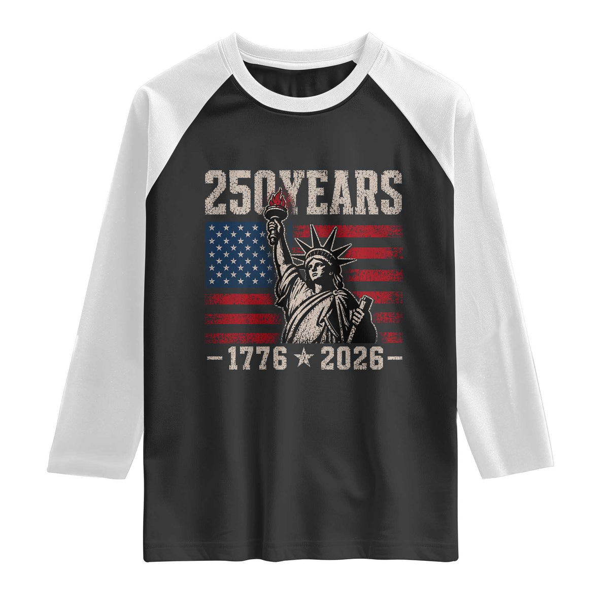 USA Independence 250th Anniversary Raglan Shirt Patriotic Lady Liberty American Flag 250 Years 1776 2026