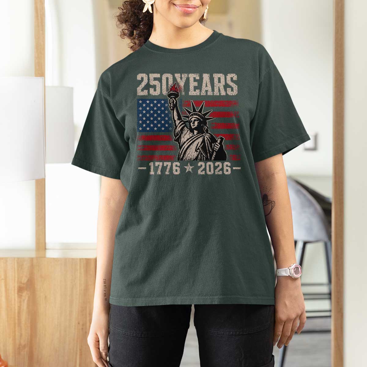 USA Independence 250th Anniversary T Shirt For Women Patriotic Lady Liberty American Flag 250 Years 1776 2026