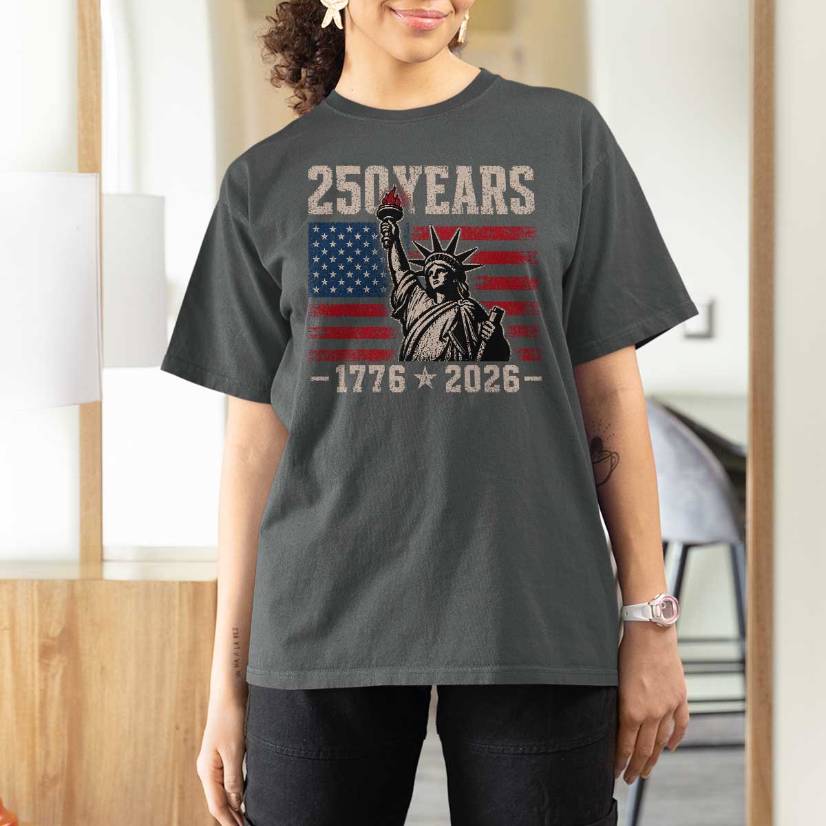 USA Independence 250th Anniversary T Shirt For Women Patriotic Lady Liberty American Flag 250 Years 1776 2026