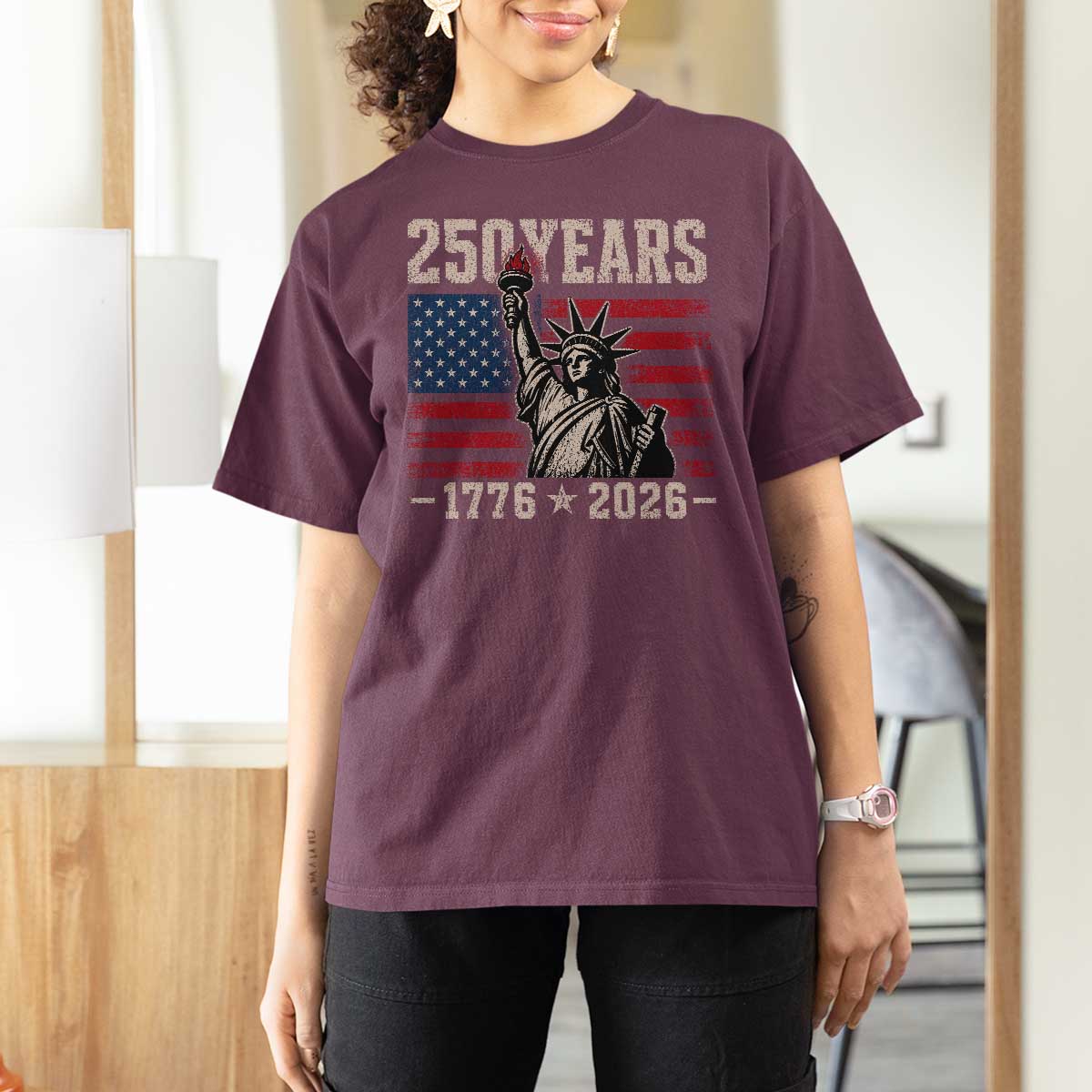 USA Independence 250th Anniversary T Shirt For Women Patriotic Lady Liberty American Flag 250 Years 1776 2026