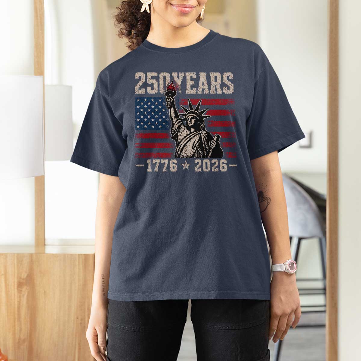 USA Independence 250th Anniversary T Shirt For Women Patriotic Lady Liberty American Flag 250 Years 1776 2026