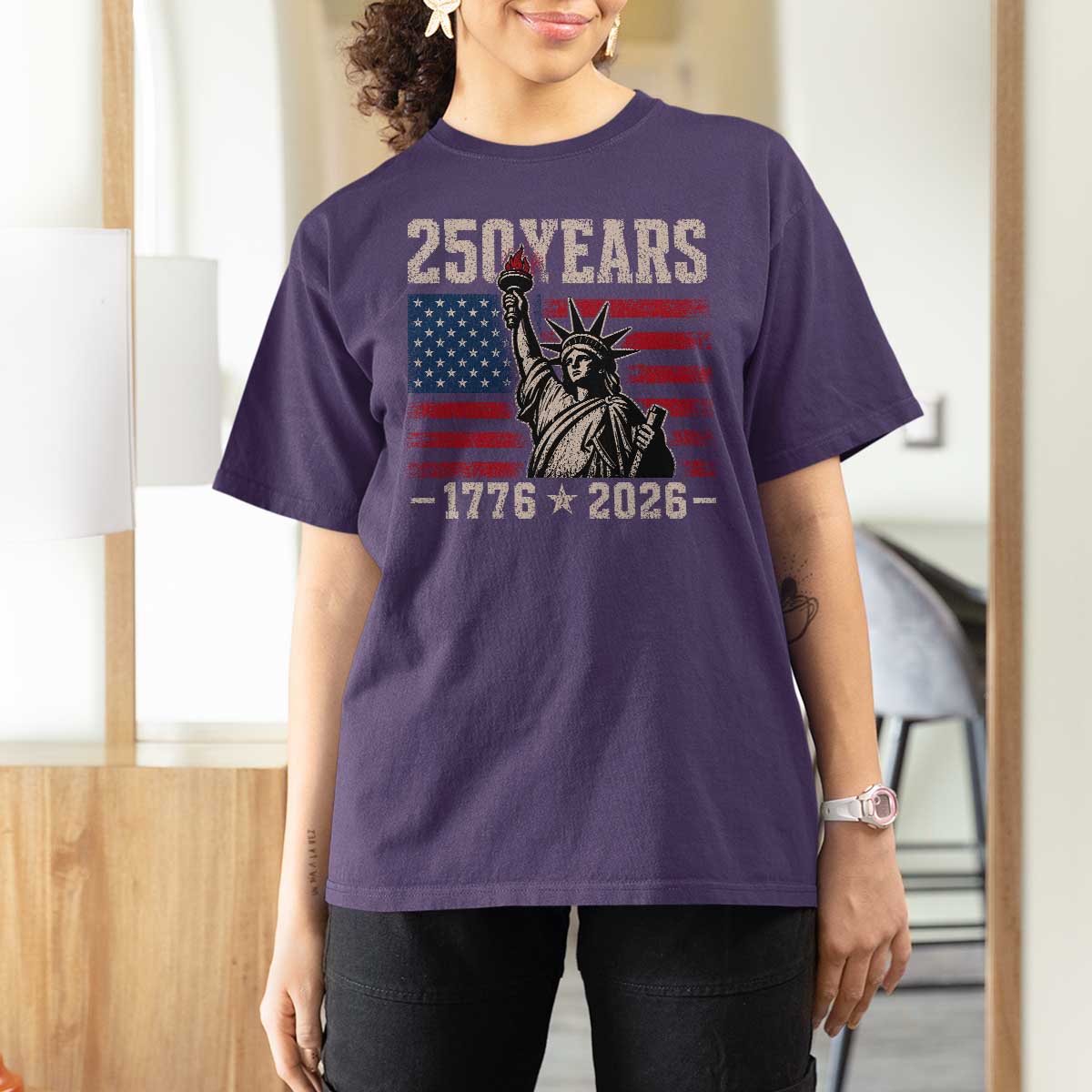 USA Independence 250th Anniversary T Shirt For Women Patriotic Lady Liberty American Flag 250 Years 1776 2026