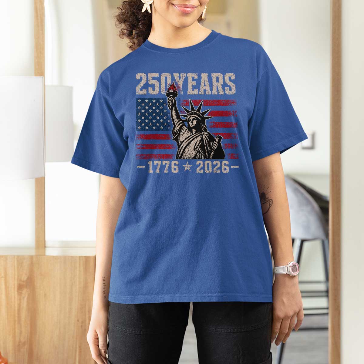 USA Independence 250th Anniversary T Shirt For Women Patriotic Lady Liberty American Flag 250 Years 1776 2026