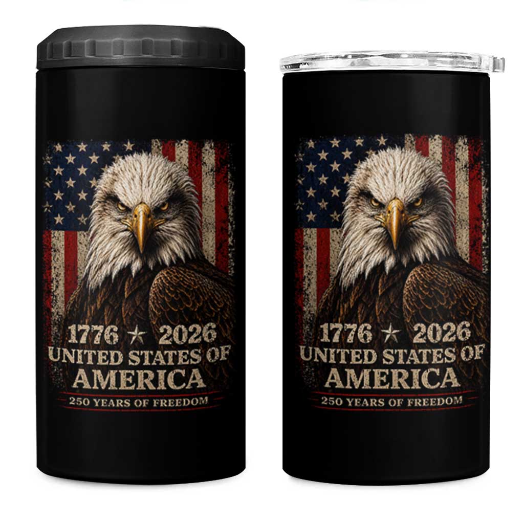 250 Anniversary USA Flag 4 in 1 Can Cooler Tumbler Vintage Bald Eagle Patriotic 1776 2026 250 Years Birthday