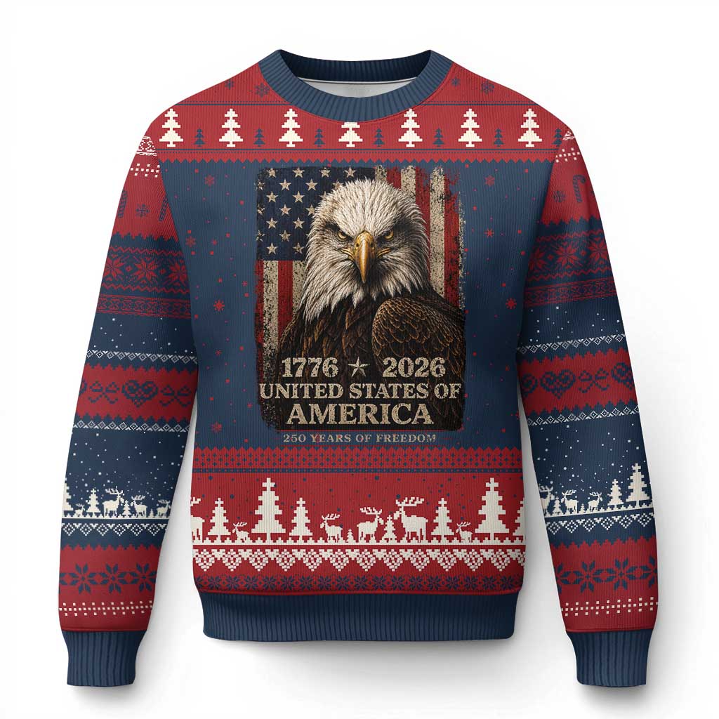 250 Anniversary USA Flag Ugly Christmas Sweater Vintage Bald Eagle Patriotic 1776 2026 250 Years Birthday