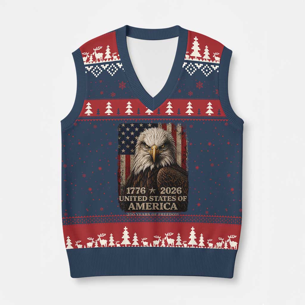250 Anniversary USA Flag V-Neck Knit Sweater Vest Vintage Bald Eagle Patriotic 1776 2026 250 Years Birthday