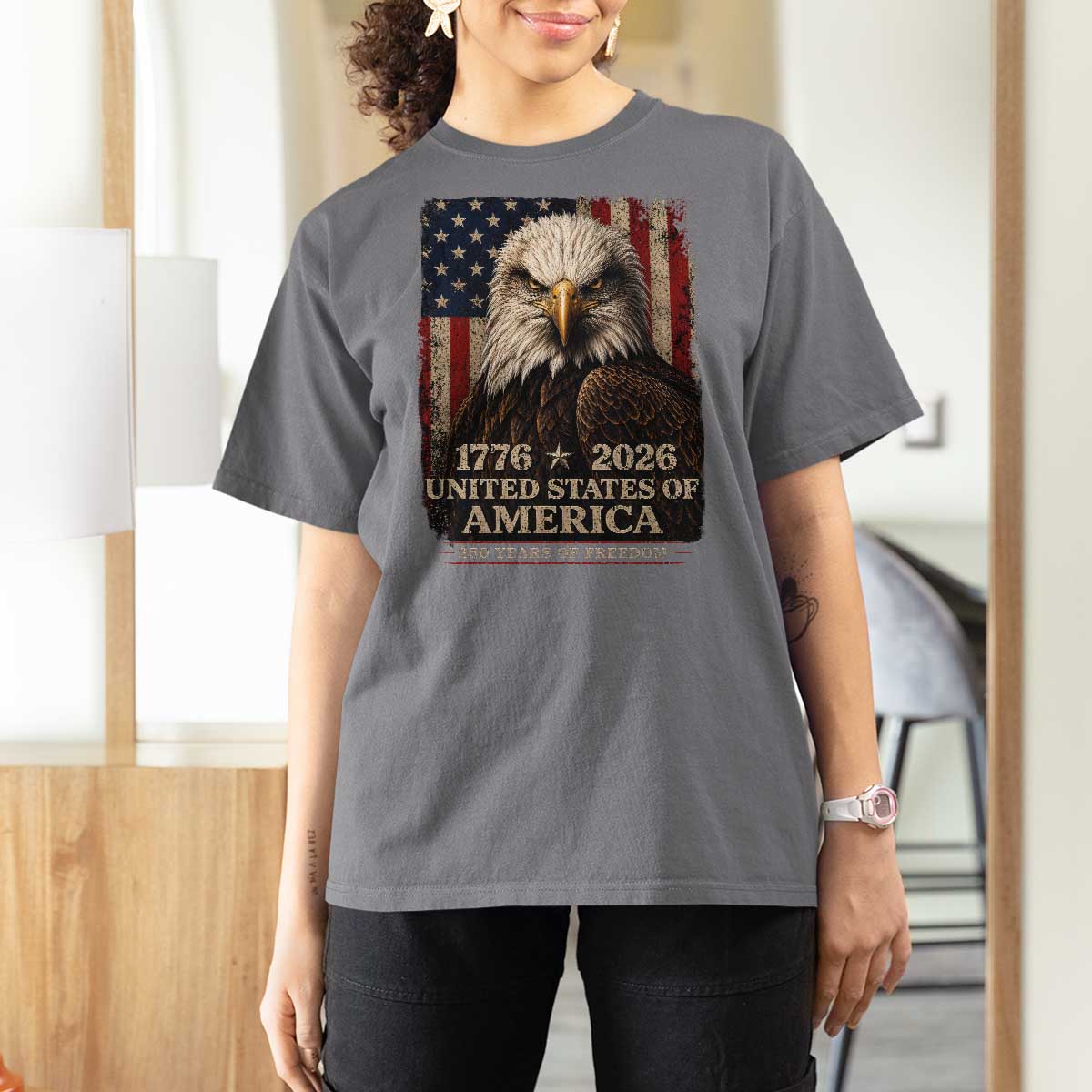 250 Anniversary USA Flag T Shirt For Women Vintage Bald Eagle Patriotic 1776 2026 250 Years Birthday