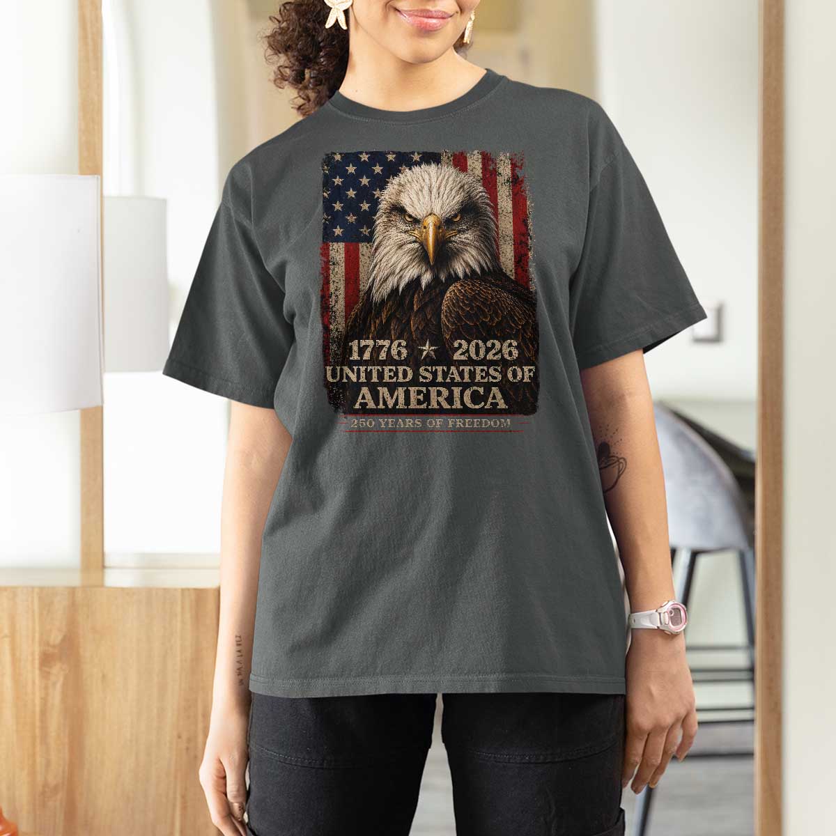 250 Anniversary USA Flag T Shirt For Women Vintage Bald Eagle Patriotic 1776 2026 250 Years Birthday