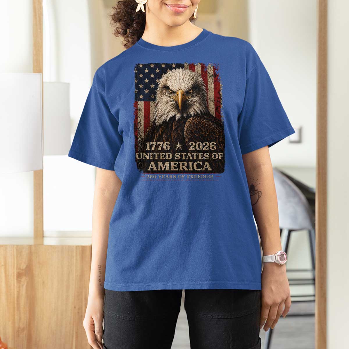 250 Anniversary USA Flag T Shirt For Women Vintage Bald Eagle Patriotic 1776 2026 250 Years Birthday