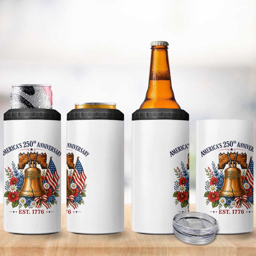 250 Anniversary 4 in 1 Can Cooler Tumbler Floral Liberty Bell USA 250th American 4th July 2026