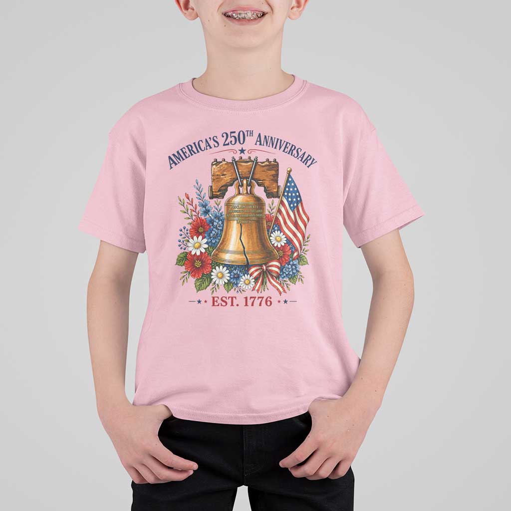 250 Anniversary T Shirt For Kid Floral Liberty Bell USA 250th American 4th July 2026