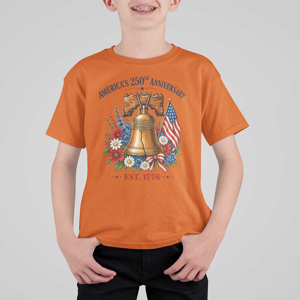 250 Anniversary T Shirt For Kid Floral Liberty Bell USA 250th American 4th July 2026