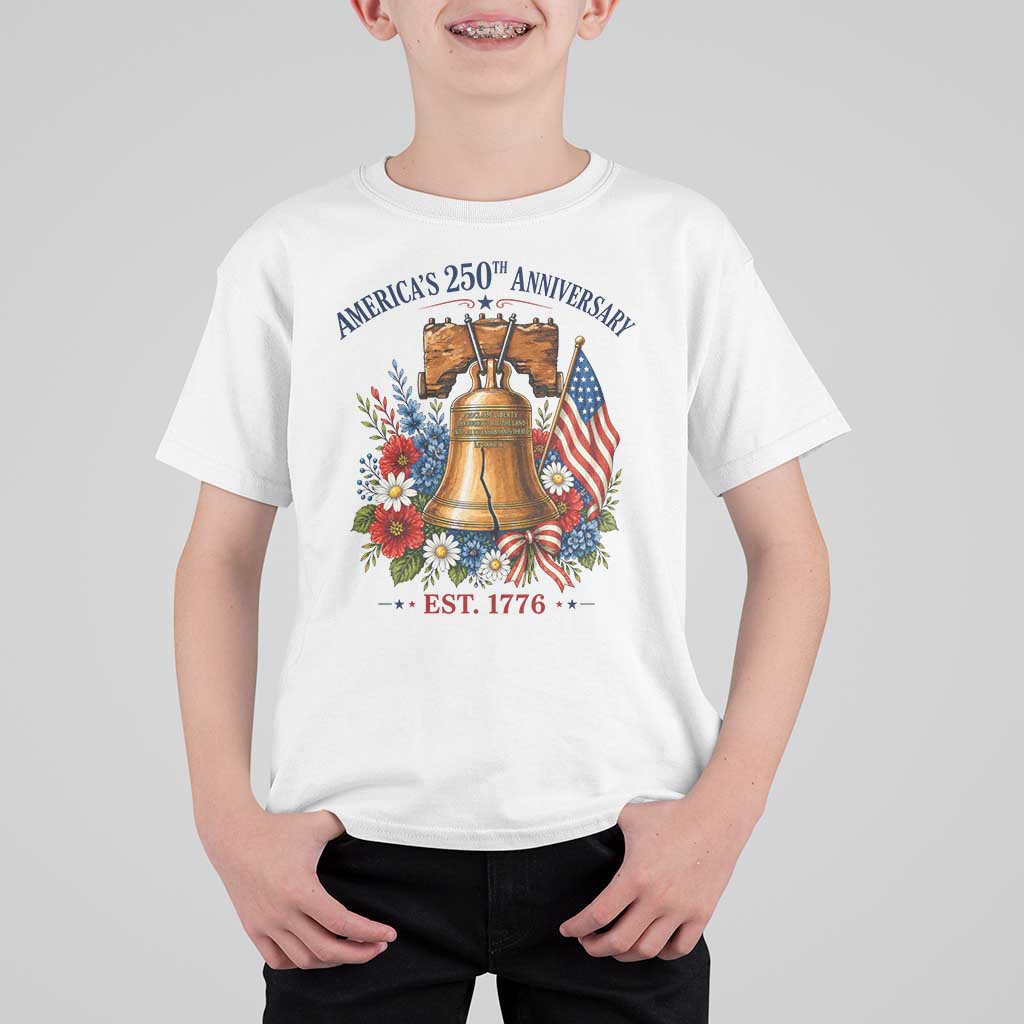 250 Anniversary T Shirt For Kid Floral Liberty Bell USA 250th American 4th July 2026