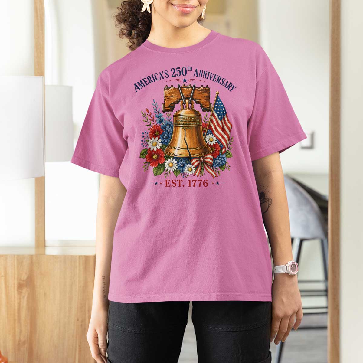 250 Anniversary T Shirt For Women Floral Liberty Bell USA 250th American 4th July 2026