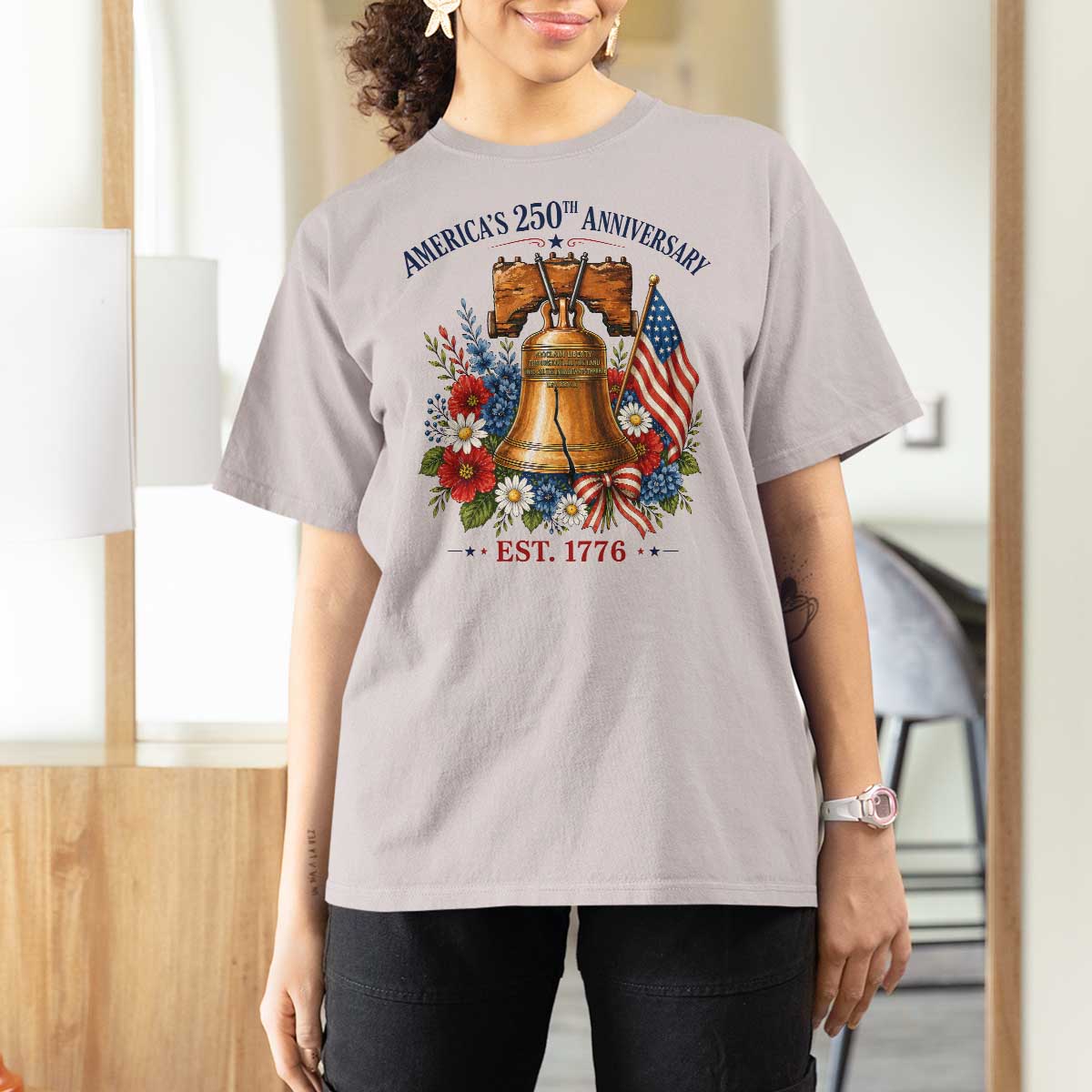250 Anniversary T Shirt For Women Floral Liberty Bell USA 250th American 4th July 2026