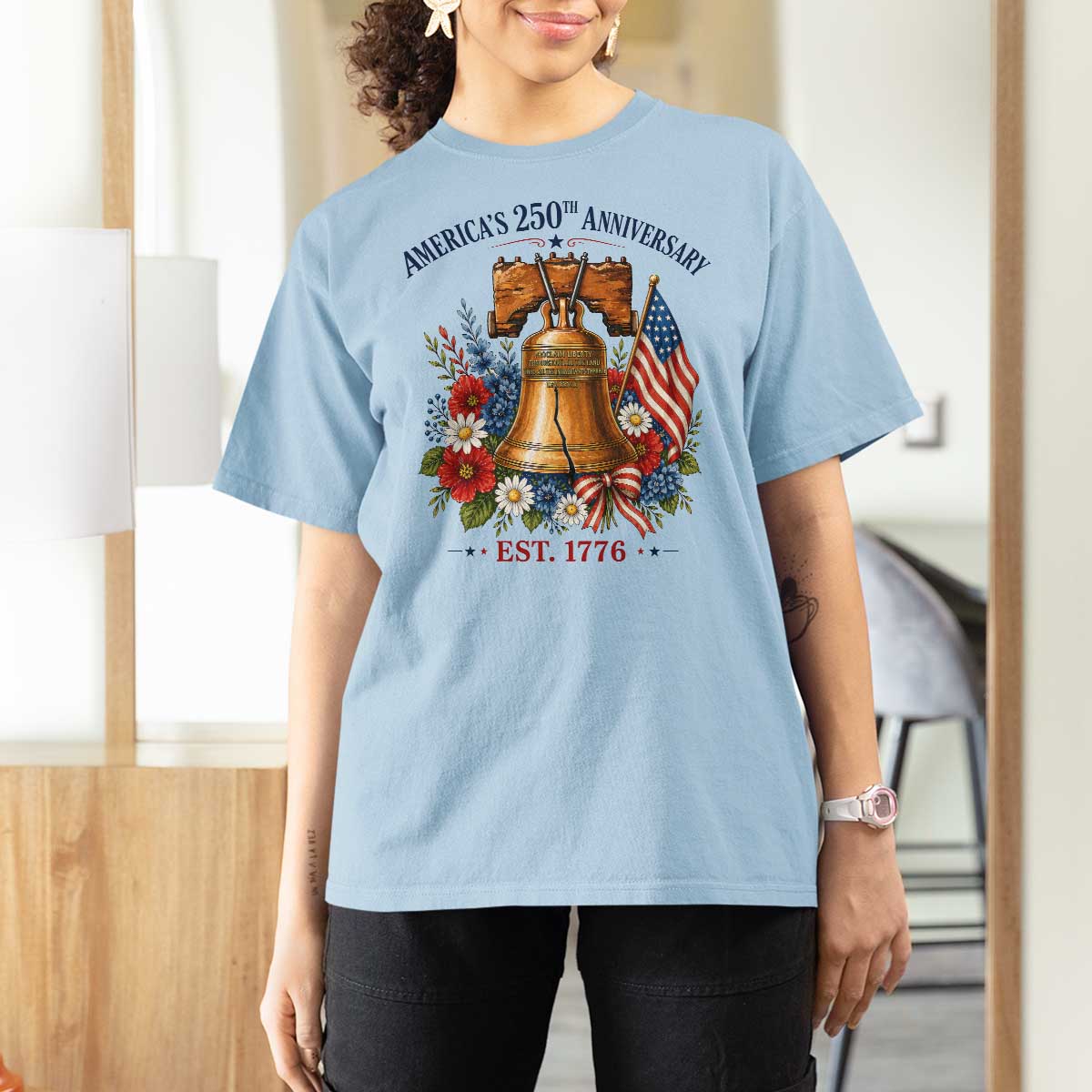 250 Anniversary T Shirt For Women Floral Liberty Bell USA 250th American 4th July 2026