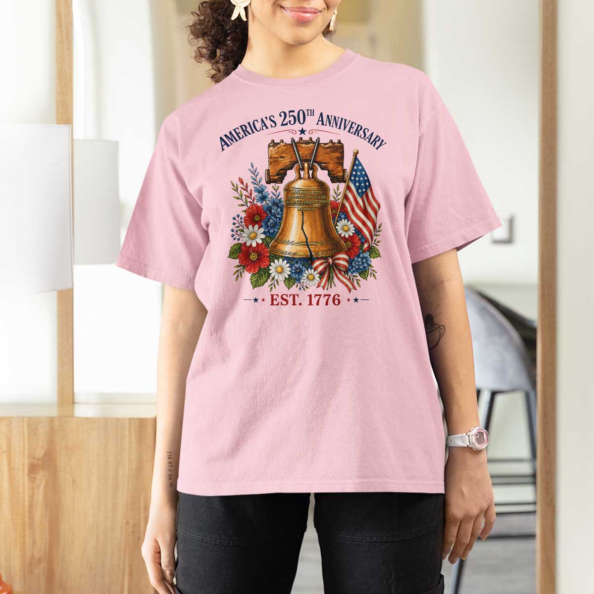 250 Anniversary T Shirt For Women Floral Liberty Bell USA 250th American 4th July 2026