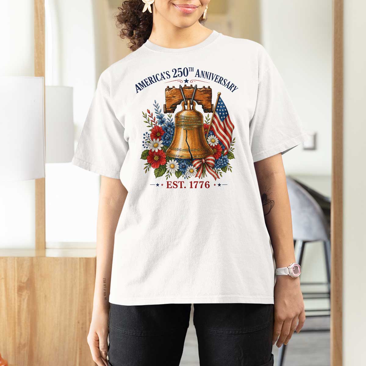 250 Anniversary T Shirt For Women Floral Liberty Bell USA 250th American 4th July 2026