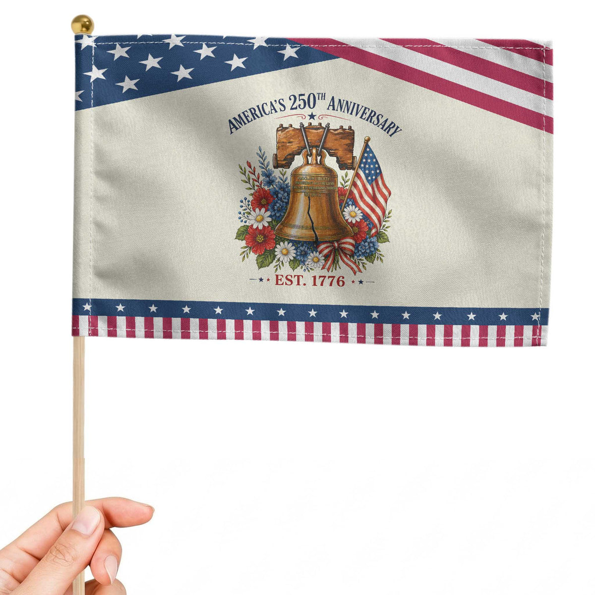 250 Anniversary Patriotic Handheld Flag Floral Liberty Bell USA 250th American 4th July 2026
