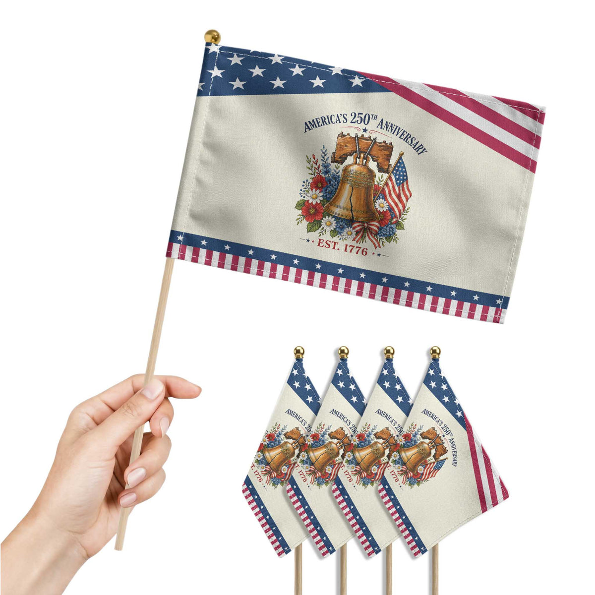 250 Anniversary Patriotic Handheld Flag Floral Liberty Bell USA 250th American 4th July 2026