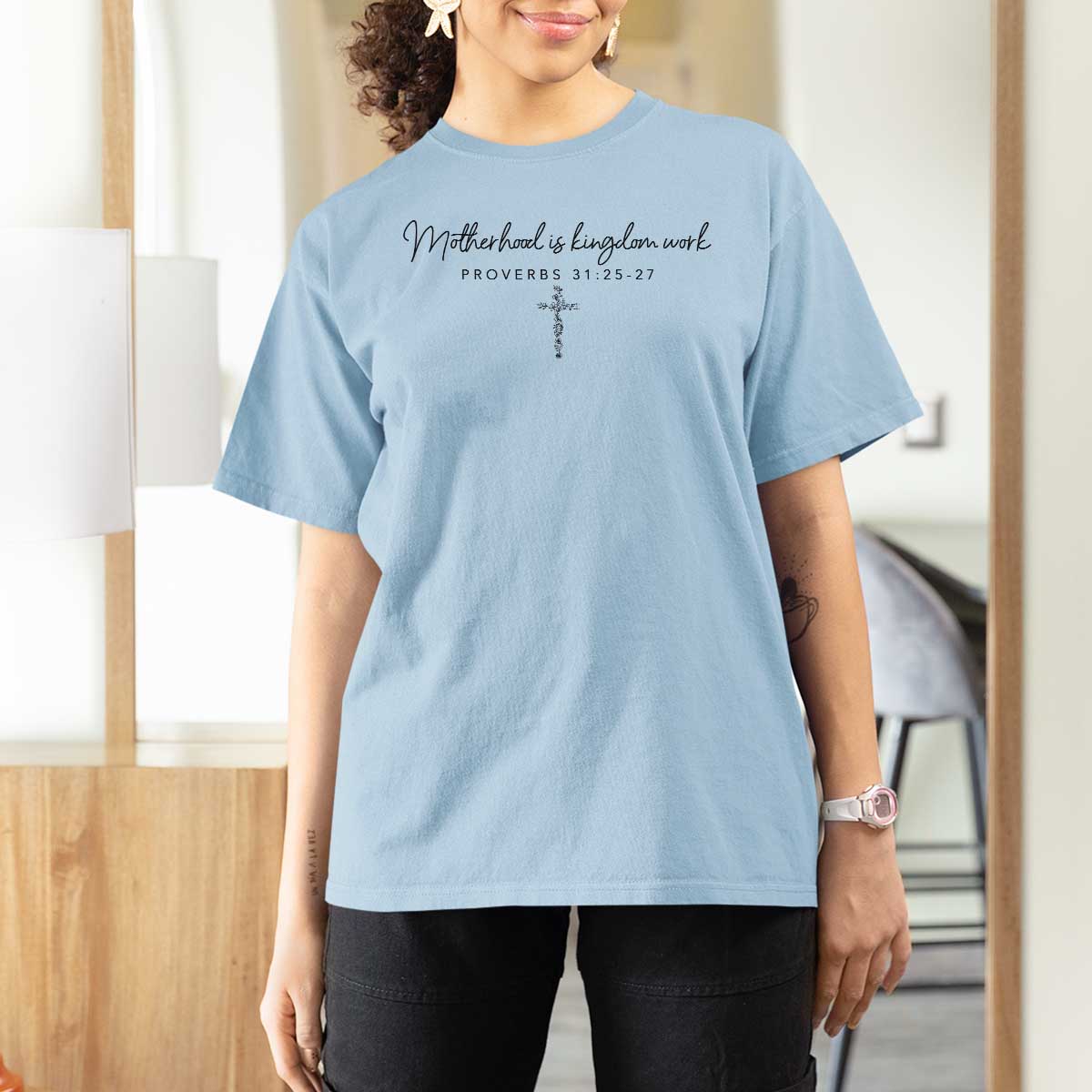 Motherhood Is Kingdom Work T Shirt For Women Christian Mom Floral Mama Mothers Day