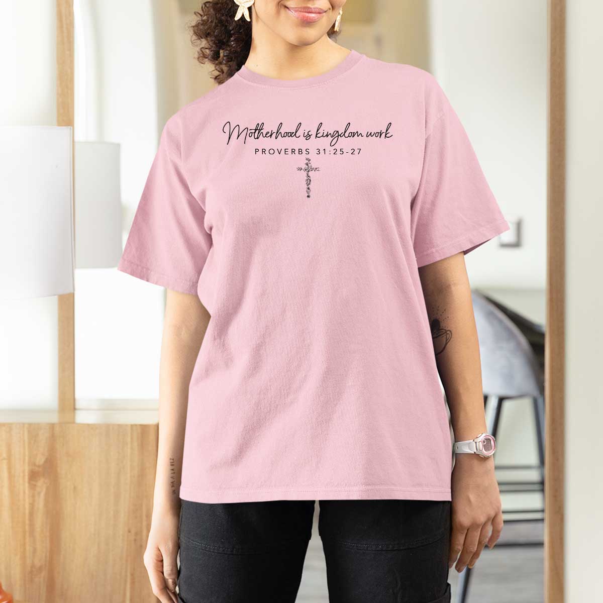Motherhood Is Kingdom Work T Shirt For Women Christian Mom Floral Mama Mothers Day