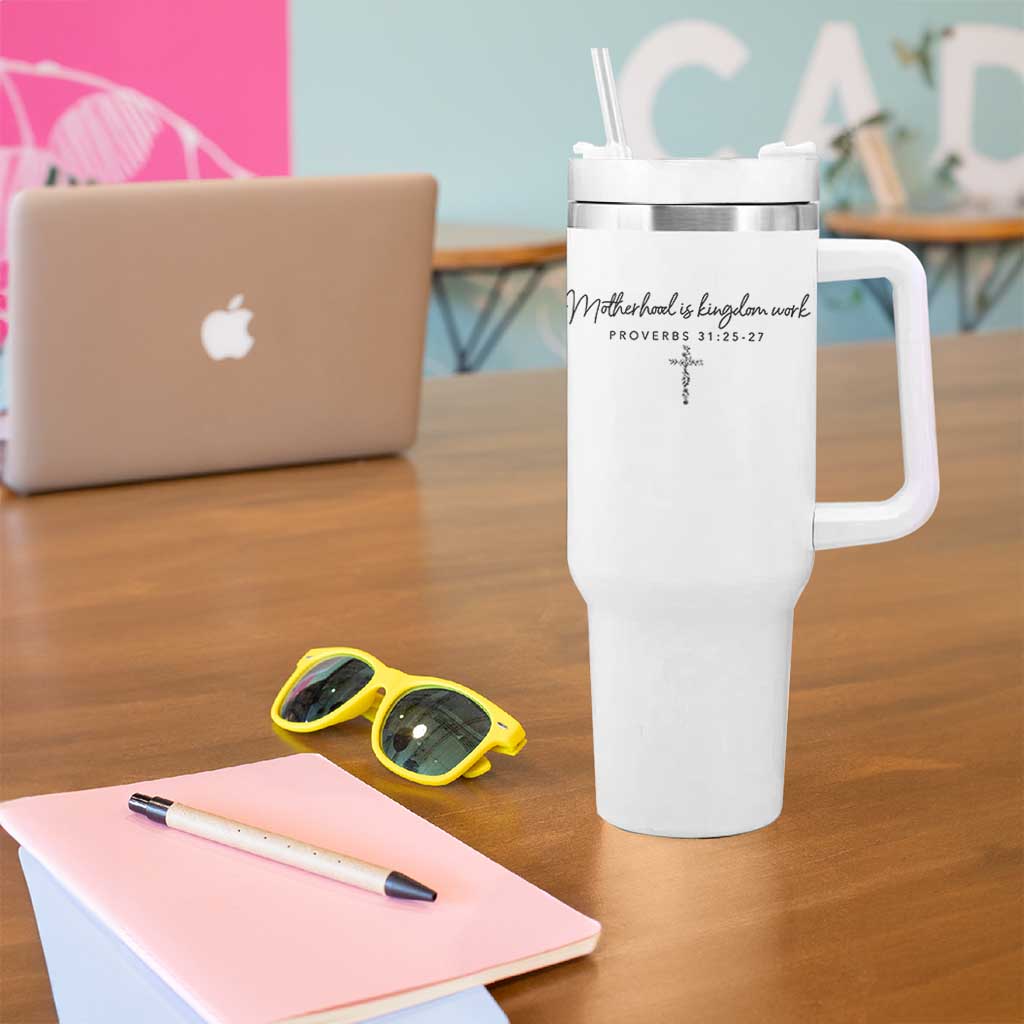 Motherhood Is Kingdom Work Tumbler With Handle Christian Mom Floral Mama Mothers Day