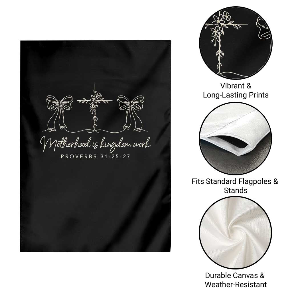 Motherhood Is Kingdom Work Garden Flag Cute Christian Mom Mothers Day Coquette Bow Cross