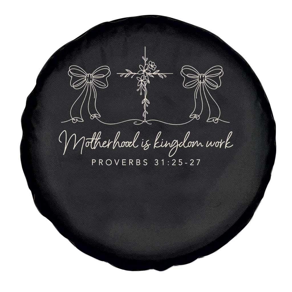 Motherhood Is Kingdom Work Spare Tire Cover Cute Christian Mom Mothers Day Coquette Bow Cross
