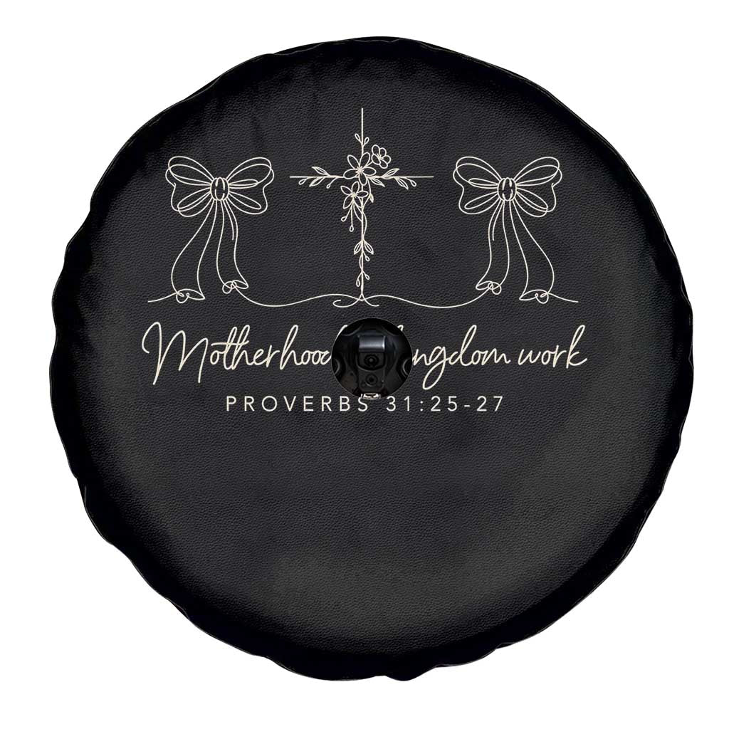 Motherhood Is Kingdom Work Spare Tire Cover Cute Christian Mom Mothers Day Coquette Bow Cross