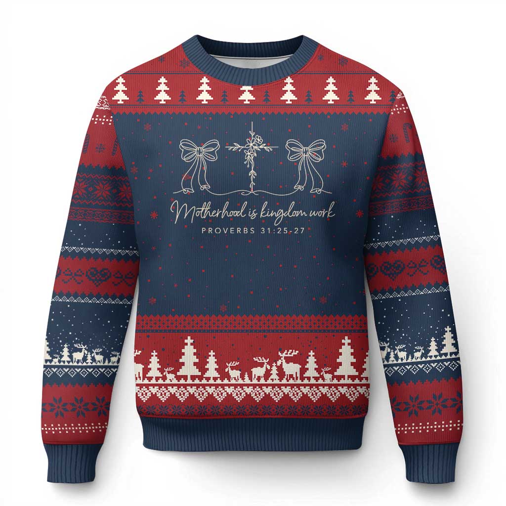 Motherhood Is Kingdom Work Ugly Christmas Sweater Cute Christian Mom Mothers Day Coquette Bow Cross