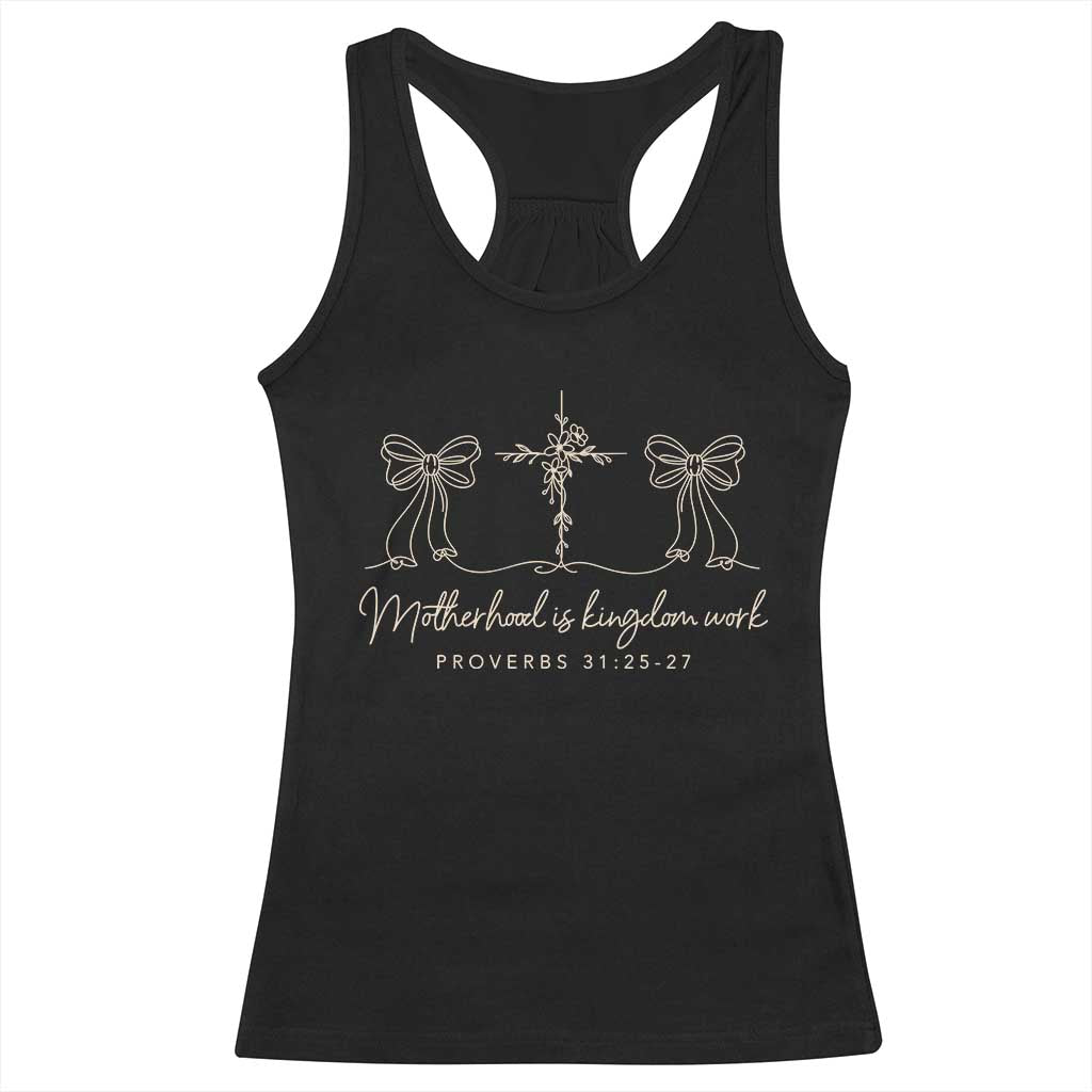 Motherhood Is Kingdom Work Racerback Tank Top Cute Christian Mom Mothers Day Coquette Bow Cross