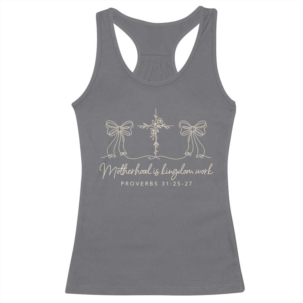 Motherhood Is Kingdom Work Racerback Tank Top Cute Christian Mom Mothers Day Coquette Bow Cross