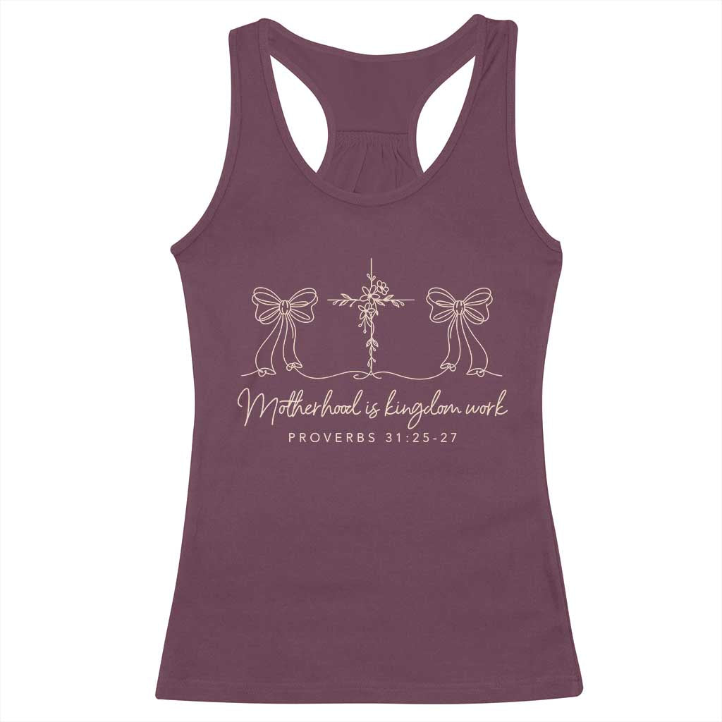 Motherhood Is Kingdom Work Racerback Tank Top Cute Christian Mom Mothers Day Coquette Bow Cross