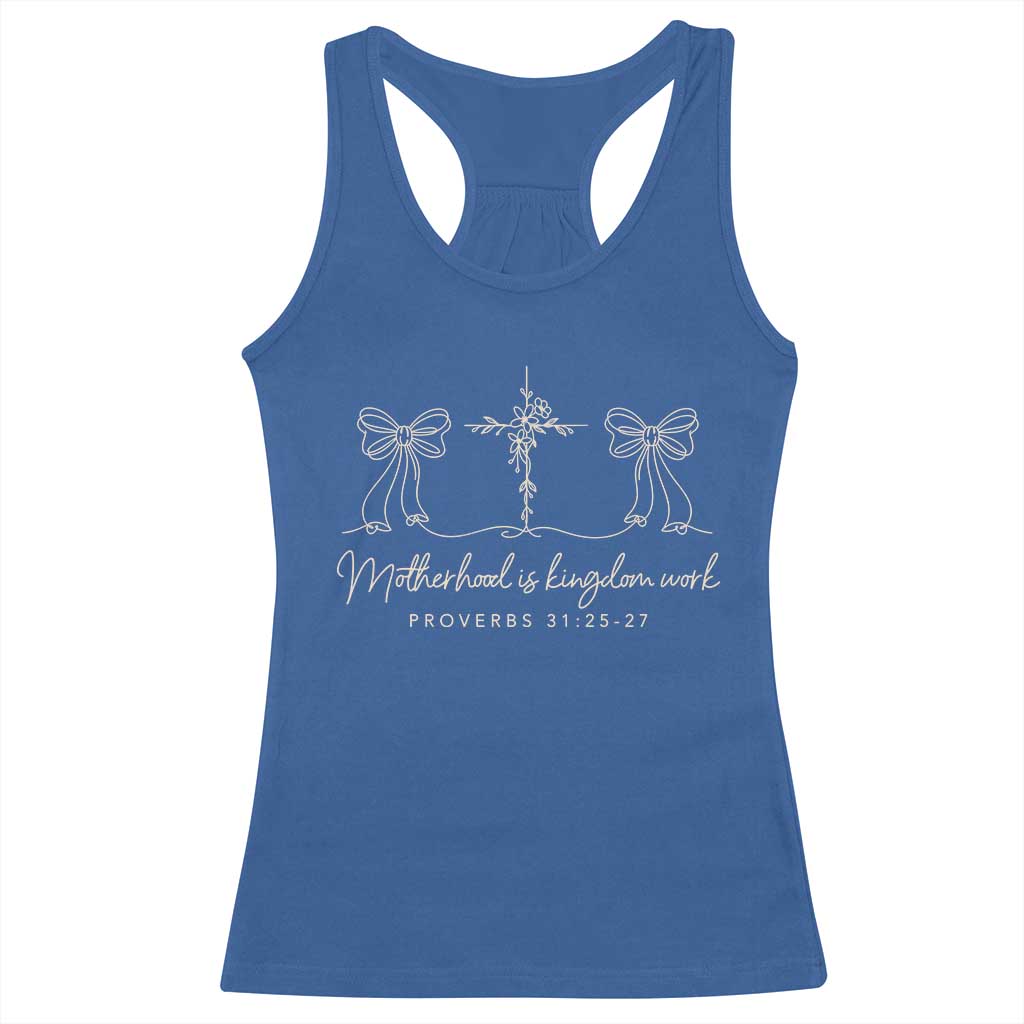 Motherhood Is Kingdom Work Racerback Tank Top Cute Christian Mom Mothers Day Coquette Bow Cross