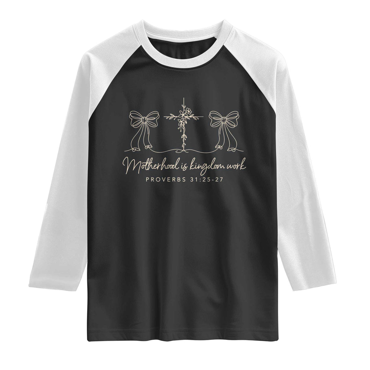 Motherhood Is Kingdom Work Raglan Shirt Cute Christian Mom Mothers Day Coquette Bow Cross
