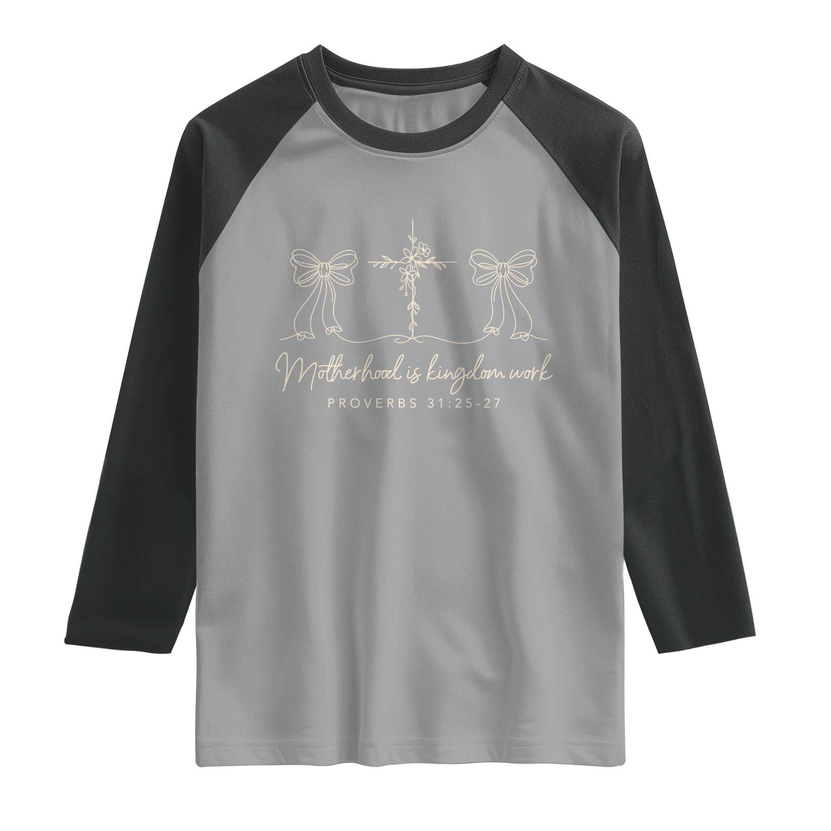 Motherhood Is Kingdom Work Raglan Shirt Cute Christian Mom Mothers Day Coquette Bow Cross