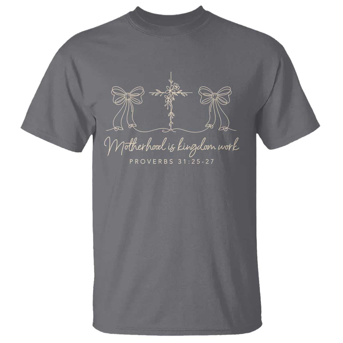 Motherhood Is Kingdom Work T Shirt Cute Christian Mom Mothers Day Coquette Bow Cross