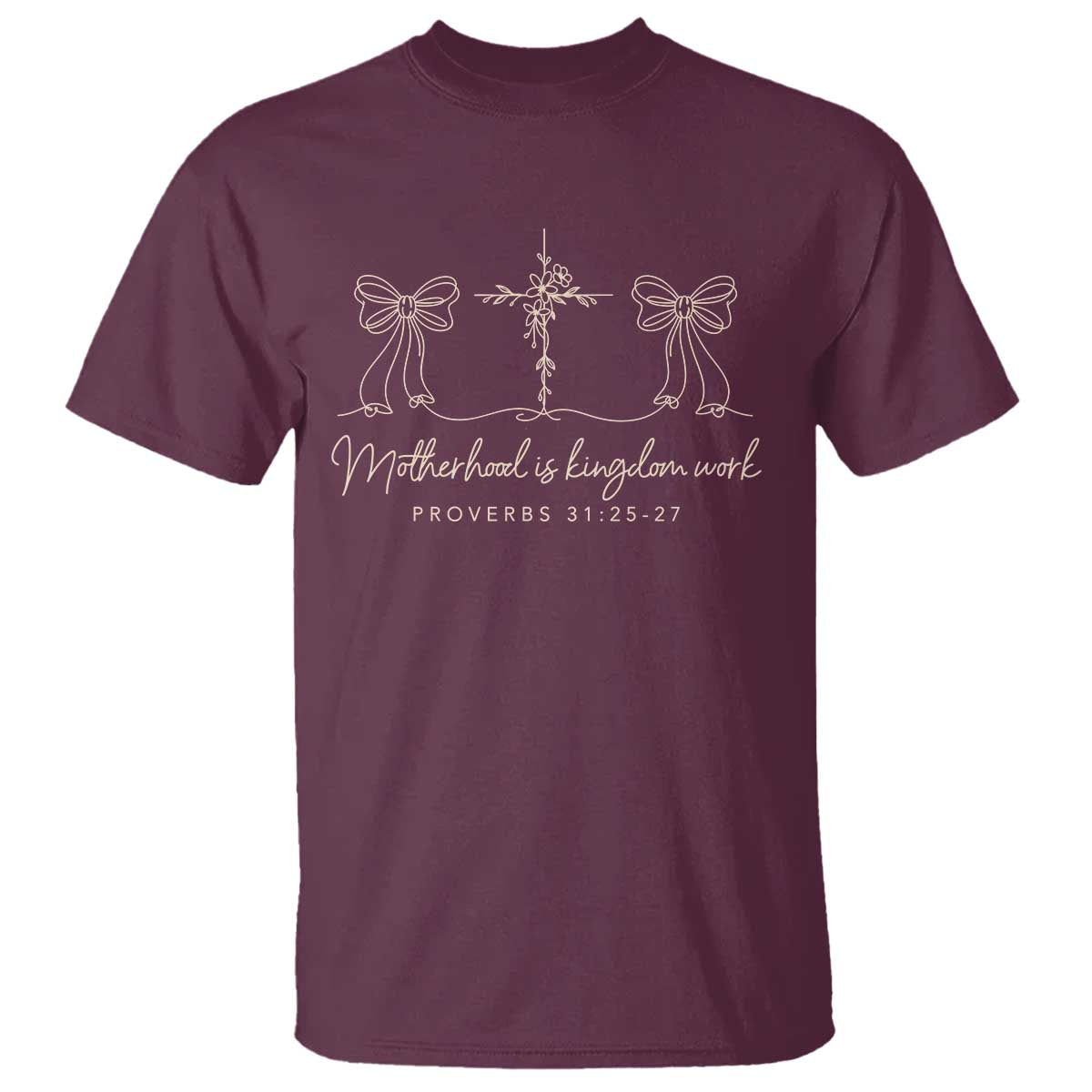 Motherhood Is Kingdom Work T Shirt Cute Christian Mom Mothers Day Coquette Bow Cross