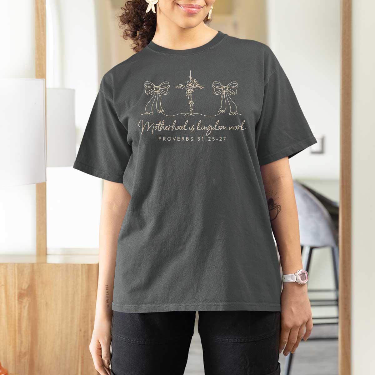 Motherhood Is Kingdom Work T Shirt For Women Cute Christian Mom Mothers Day Coquette Bow Cross