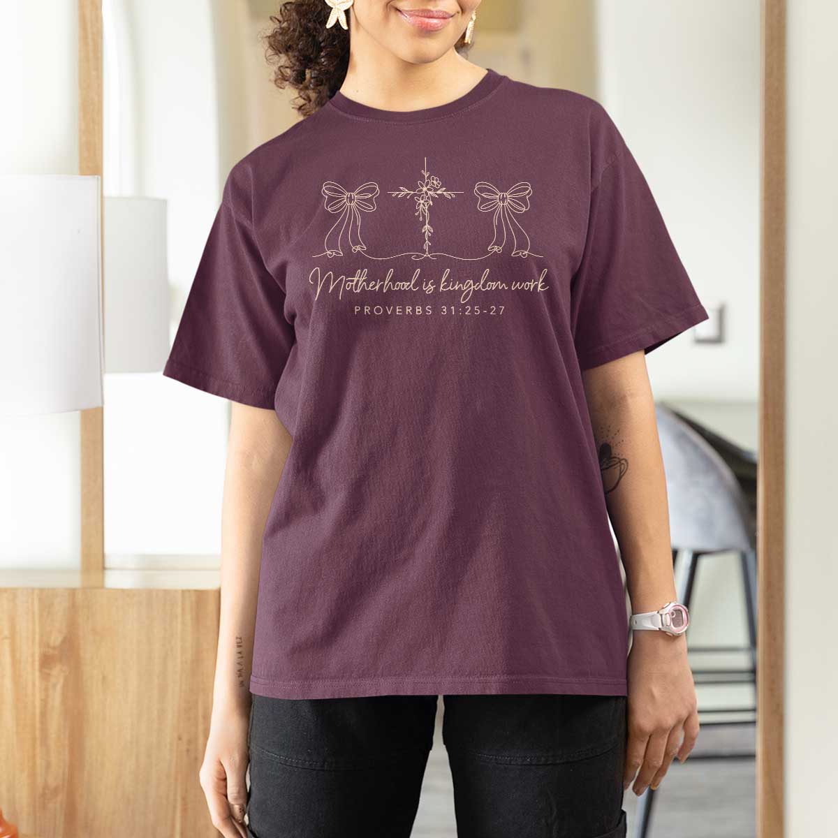 Motherhood Is Kingdom Work T Shirt For Women Cute Christian Mom Mothers Day Coquette Bow Cross