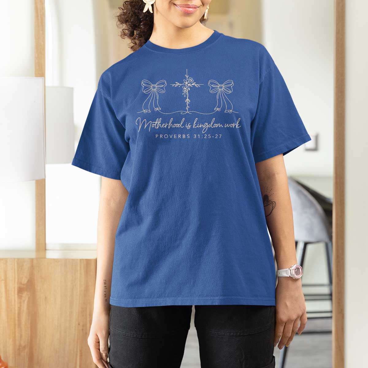 Motherhood Is Kingdom Work T Shirt For Women Cute Christian Mom Mothers Day Coquette Bow Cross