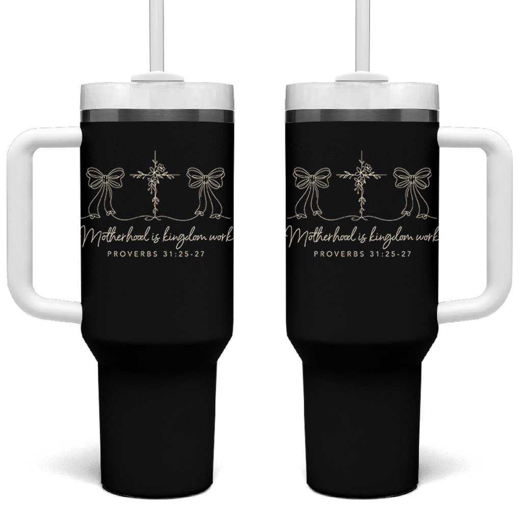 Motherhood Is Kingdom Work Tumbler With Handle Cute Christian Mom Mothers Day Coquette Bow Cross