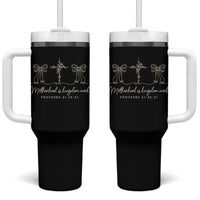 Motherhood Is Kingdom Work Tumbler With Handle Cute Christian Mom Mothers Day Coquette Bow Cross