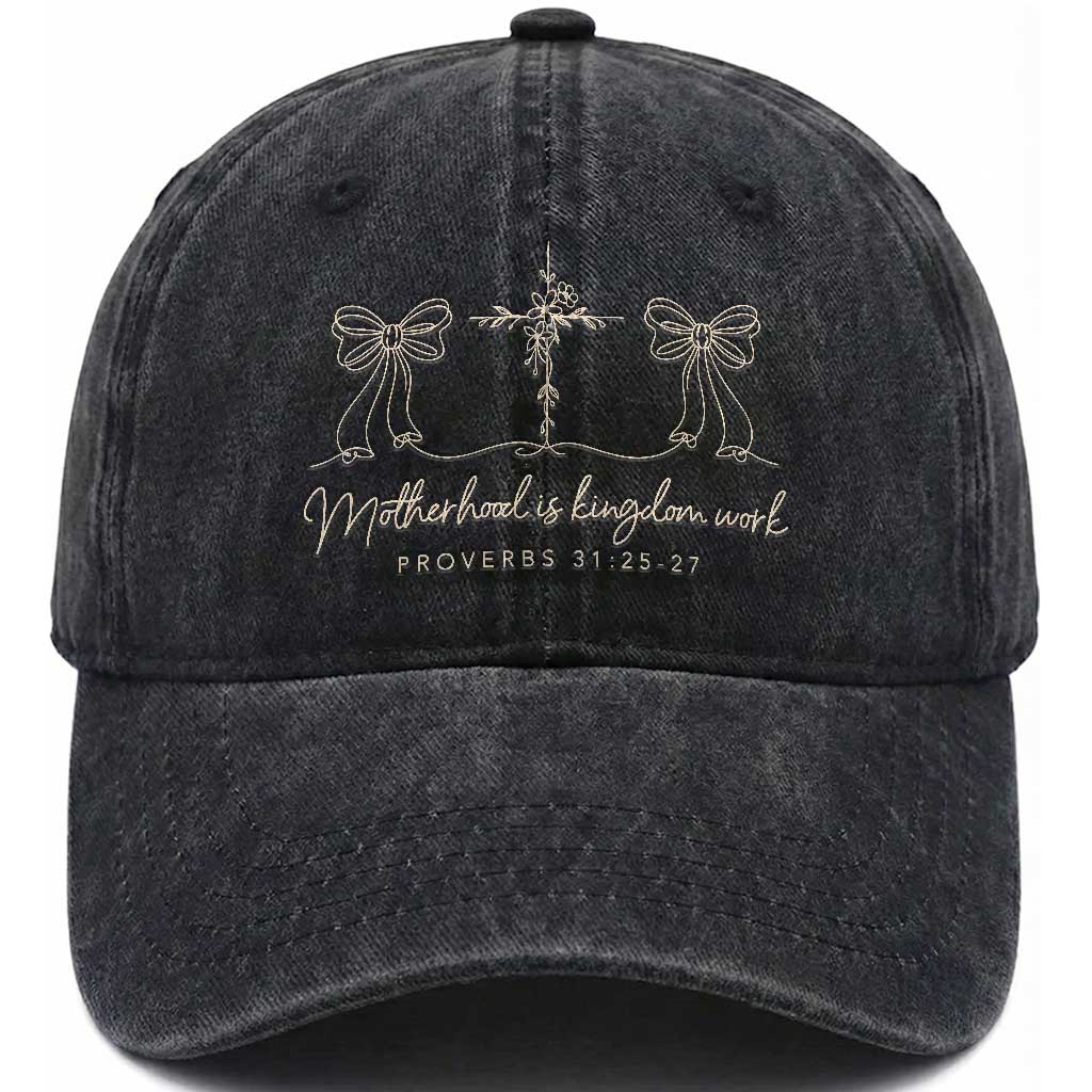 Motherhood Is Kingdom Work Washed Cotton Baseball Cap Cute Christian Mom Mothers Day Coquette Bow Cross