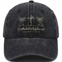 Motherhood Is Kingdom Work Washed Cotton Baseball Cap Cute Christian Mom Mothers Day Coquette Bow Cross
